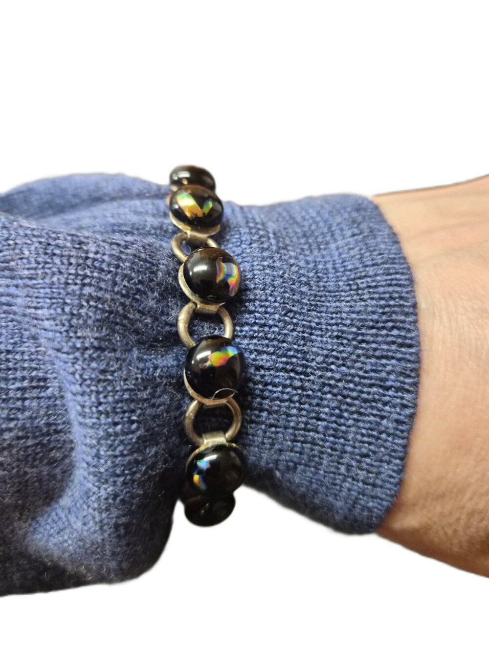 VTG Black Iridescent Petrol Glass Bead Bracelet Whimsigoth Witchy Dark Glam Goth